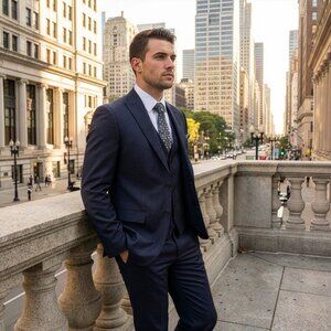 New 2026 Mens 3pc Navy Birdseye Suit Set, Slim Fit